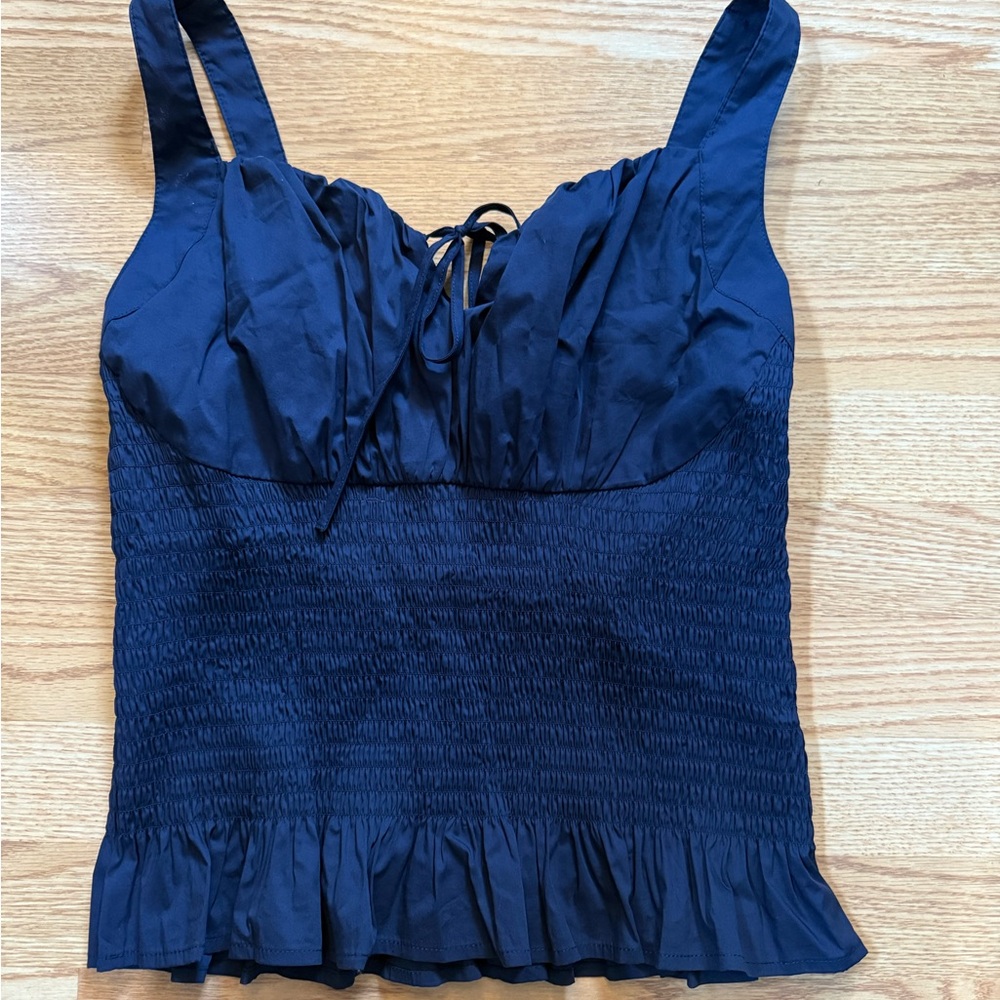 VENUS Blue Smocked Ruffled Tank Top